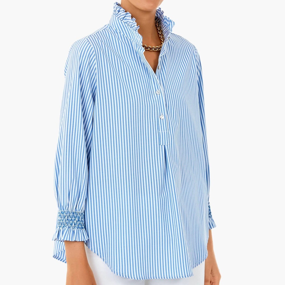 Tuckernuck Teagan Popover Top Blue White Stripe - Picture 1 of 5